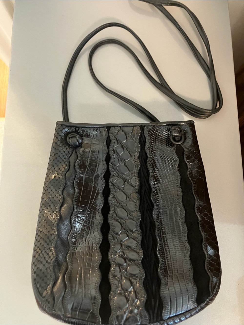 Sharif Black Croc Snakeskin Leather Large Drawstring/ Bucket Crossbody Bag Purse